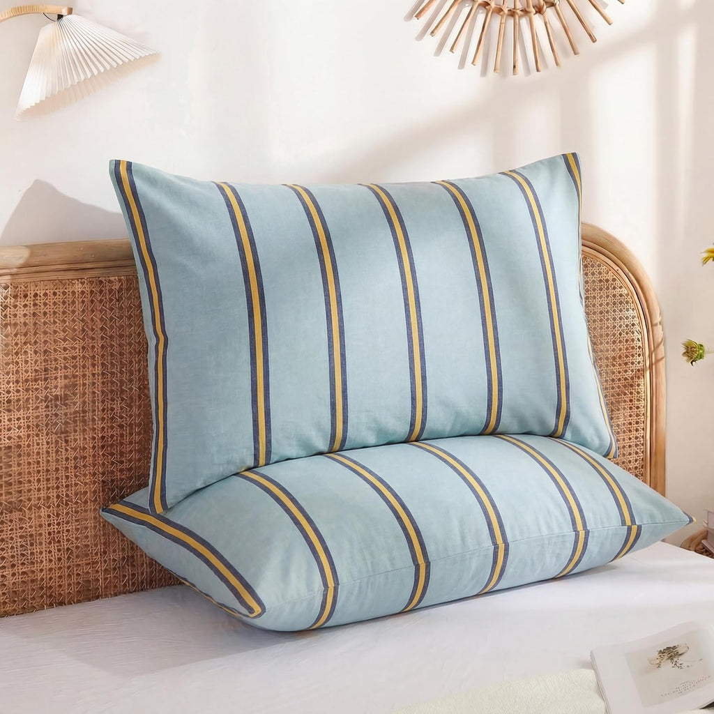 Merryword Standard Size Pillowcases, 100% Cotton Pillow Cases, Green and Orange Striped Pillowcases, Soft Breathable Wide Stripe Pillow Cov…