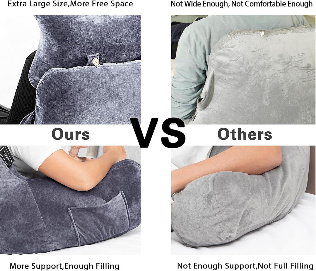 SLIGUY Reading Pillow for Sitting in Bed Couch Adult, Back Pillow with arm Support and Pockets, Adult Back Pillow Bed Chair for Bed Rest…