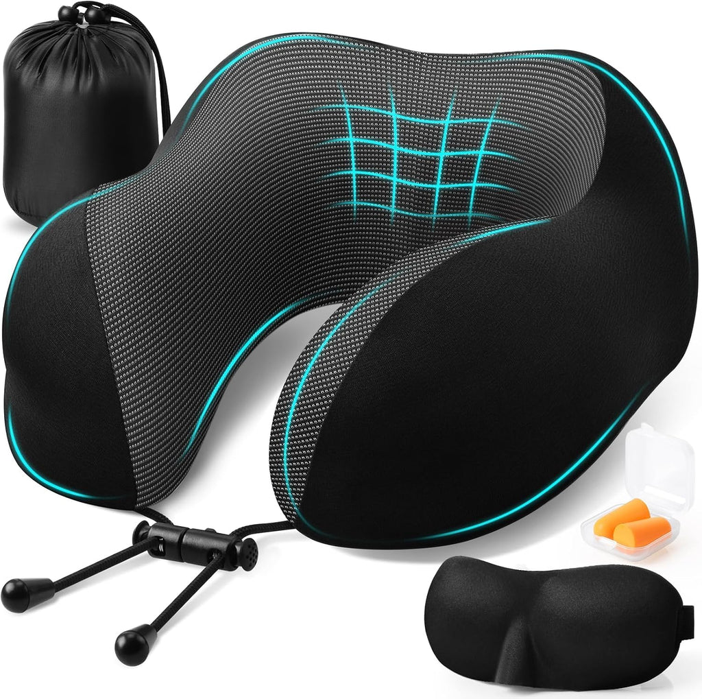 ExploreBliss Travel Pillow, Travel Pillows for Sleeping Airplane, Neck Pillow Airplane, Memory Foam Neck Pillow Set with Eye Mask, Earplugs…