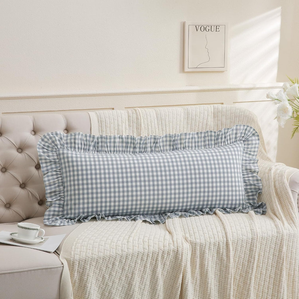 Qilunn Light Blue/White Ruffled Long Lumbar Gingham Pillow Sham 14x36 inches 1 Piece, Pure Cotton Decor Pillowcase Farmhouse Vintage Cushio…