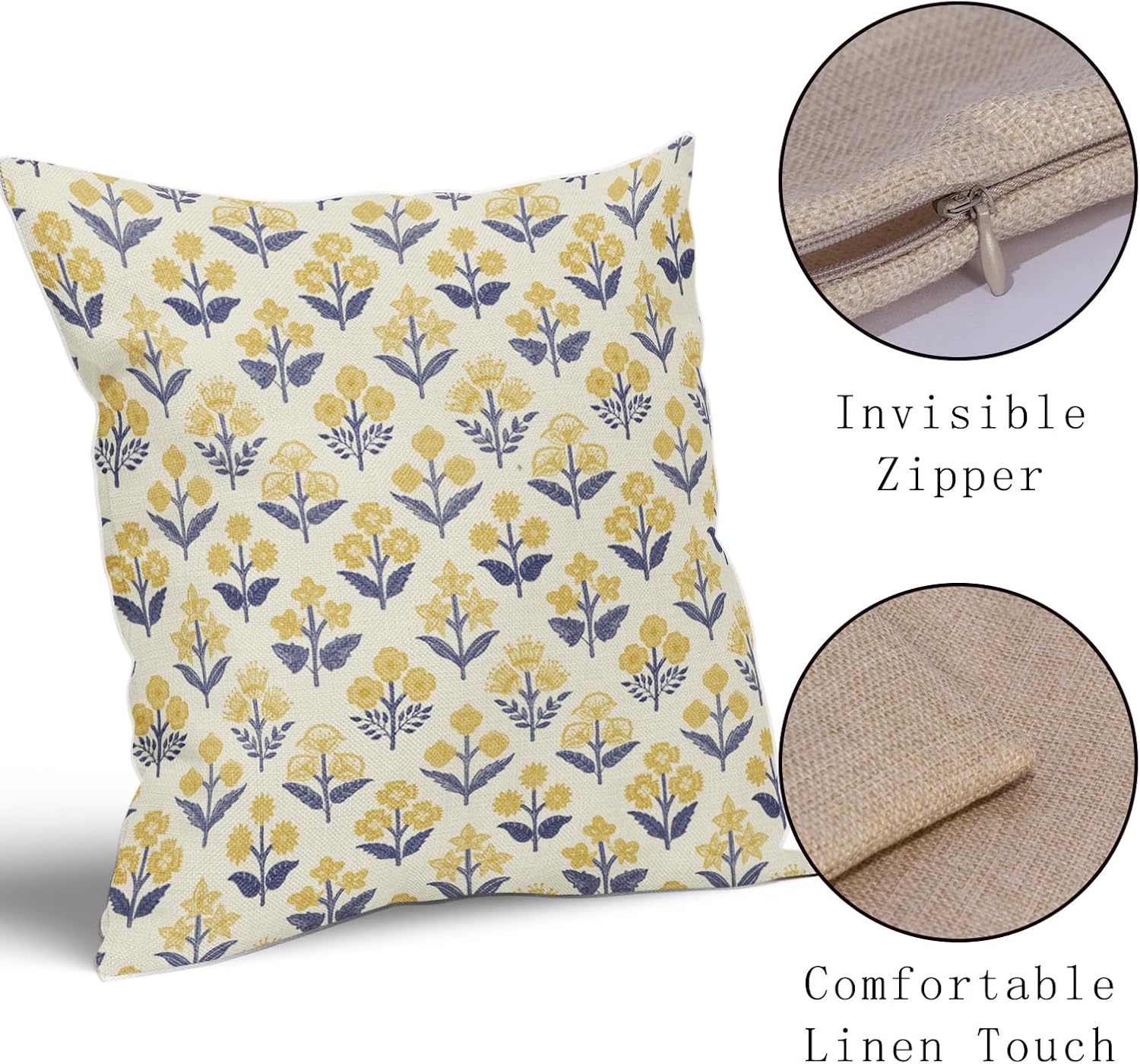 Navy Blue Yellow Floral Block Print Pillow Covers 20x20 Inch Set of 2, Vintage Flower Pattern Decorative Throw Pillowcases Outdoor…