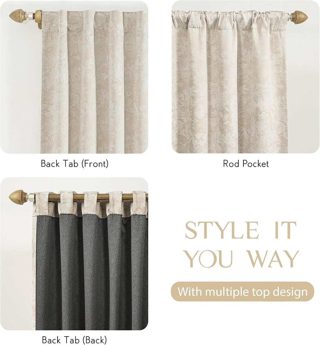 Beauoop Beige Floral Jacquard Blackout Curtains 63 Inches Long 2 Panels for Bedroom Living Room Chenille Flower Room Darkening Thermal…