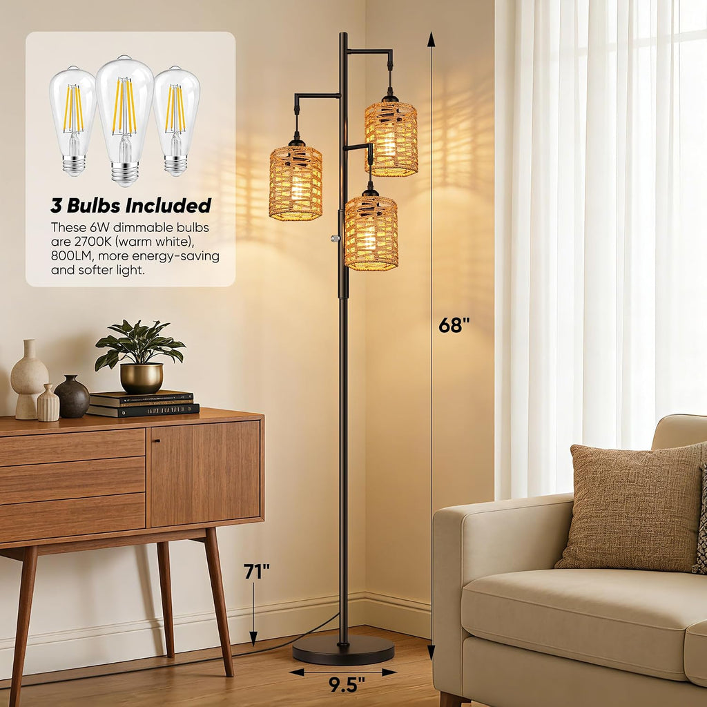 ROTTOGOON Dimmable Rattan Floor Lamp, 3 x 800LM LED Bulbs Included, Boho Tree Standing Lamps with 3 Hand-Woven Octagonal Lantern Shades…