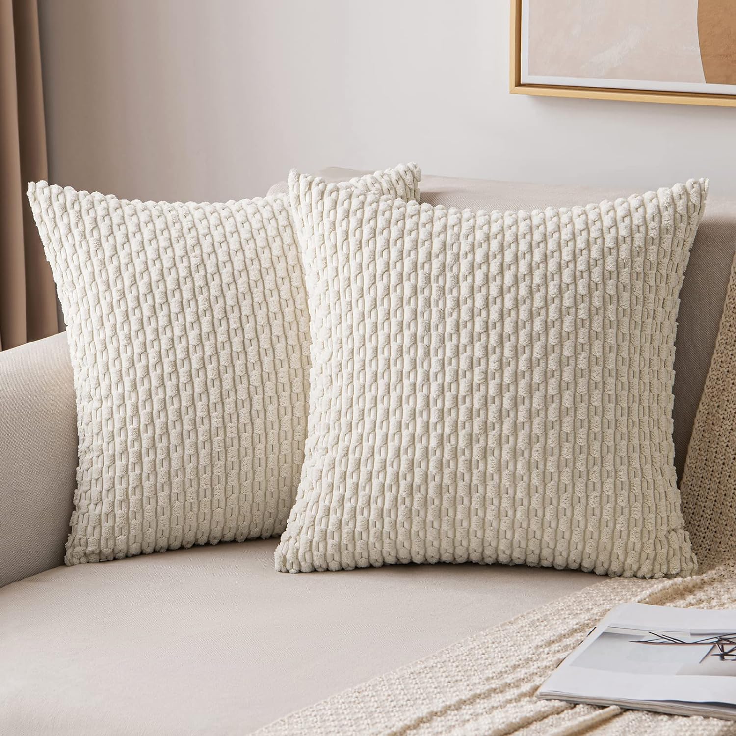 Miulee Pack of 2 Decorative Throw Pillow Covers 18x18 Inch Soft Boho Striped Textured Corduroy Pillow Covers Modern Farmhouse Home Decor fo…