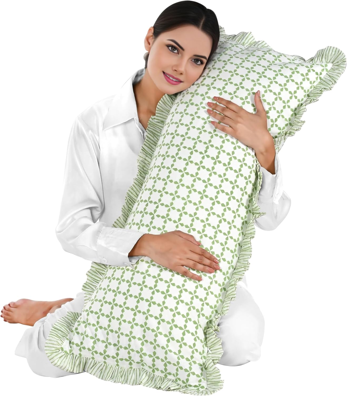Cottonprintclub CPC Hand Block Print Kelly Green Ruffle Sham Pillow Cover 36" x 14" inch Hidden Zipper Decorative Pillowcase for Couch, Bed…