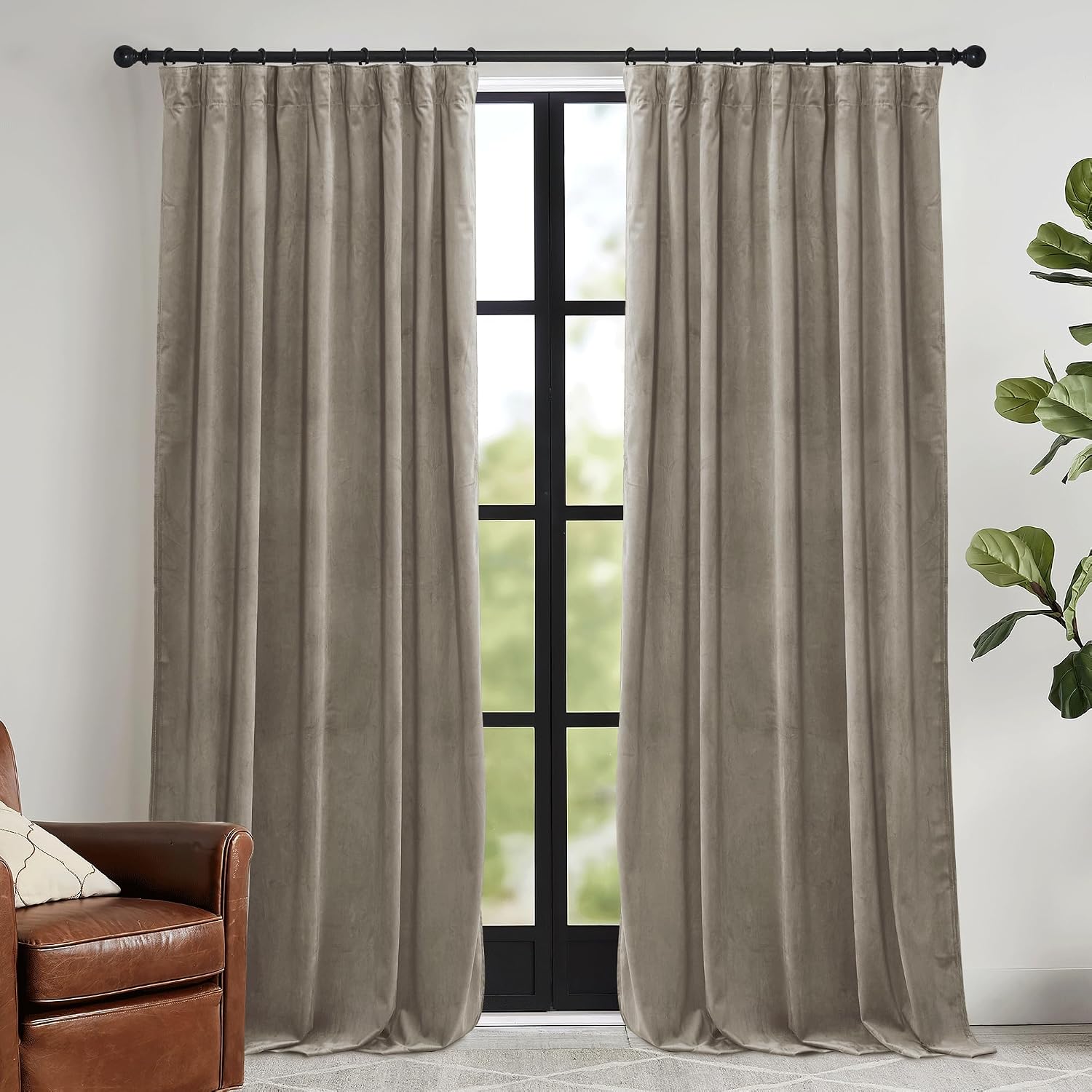 Rybhome RYB HOME Taupe Velvet Curtains for Bedroom Living Room, Thermal Insulated Privacy UV Heat Blocking Luxurious Drapes for Nursery Din…