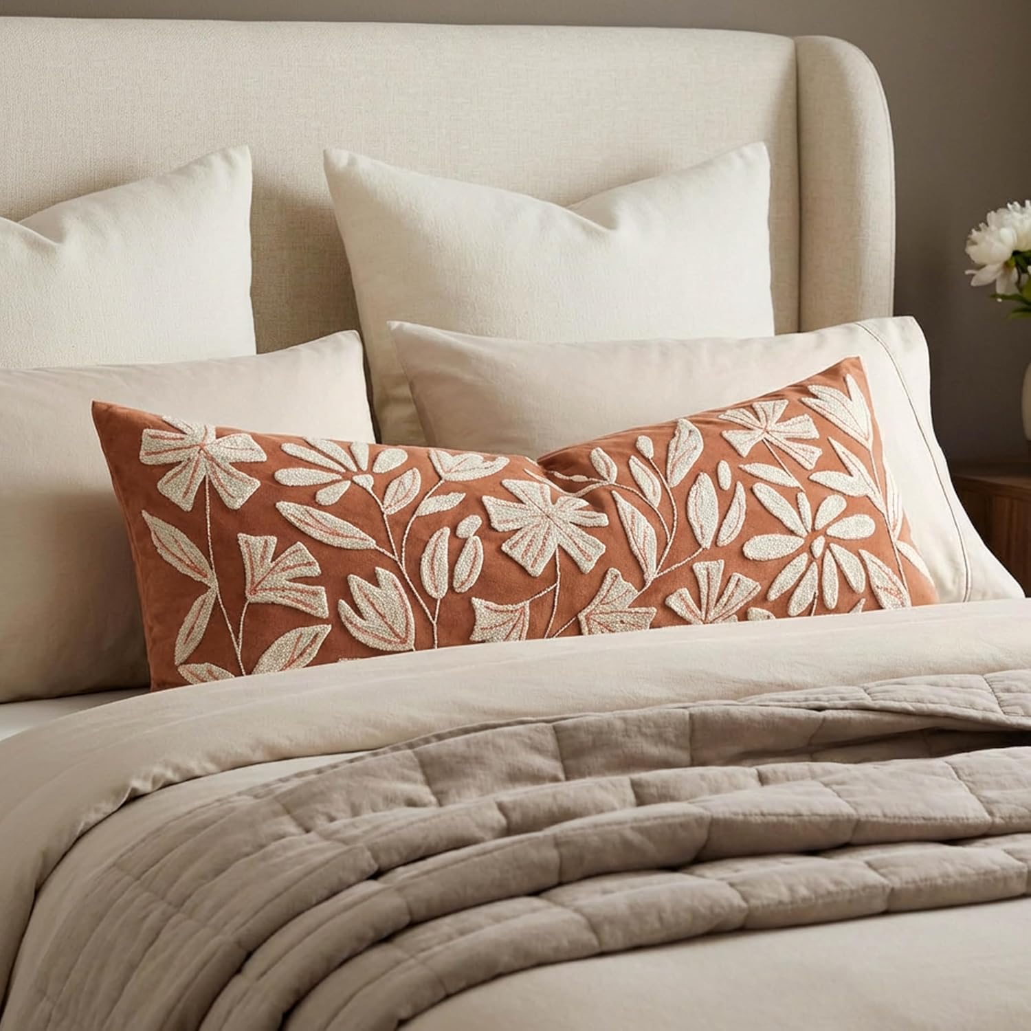 BlissBlush 14x36 Lumbar Pillow Cover for Bed, Brick Red Rectangular Long Throw Pillowcase, Embroidered Velvet Floral Tufted Farmhouse…