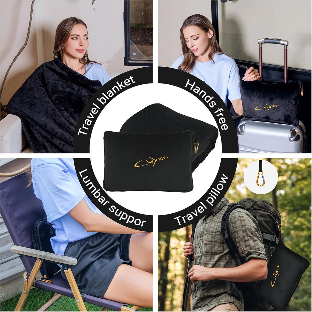 Airplane Travel Blanket with Pillow,300 GSM Soft Fleece Compact Blanket with Carry Bag, Lightweight Travel Blanket for Flights, Black