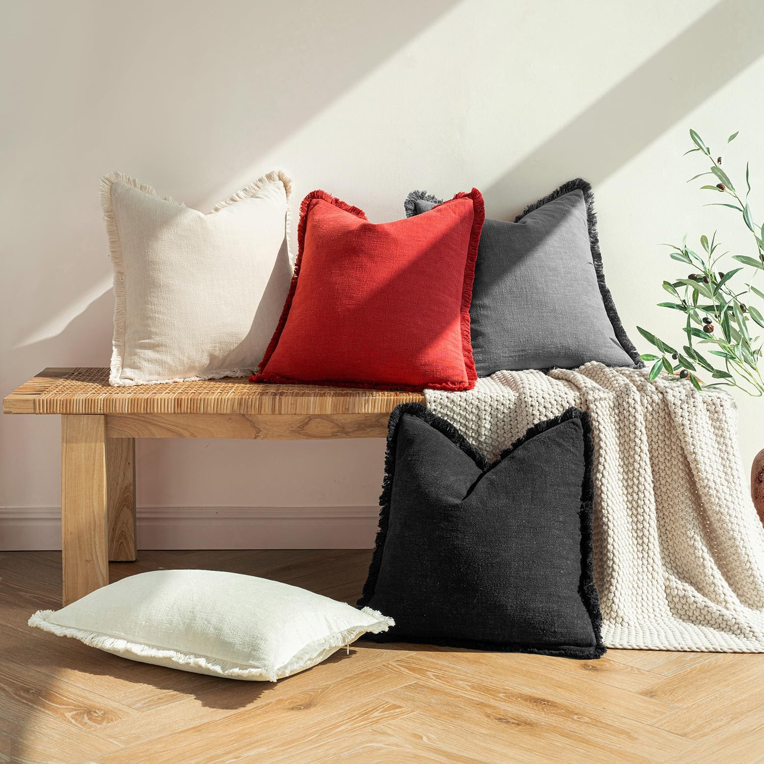 Miulee Decorative Throw Pillow Covers Neutral Linen Fringe Throw Pillows Set of 2 Red Boho Farmhouse Cushion Covers with Tassels for Couch…