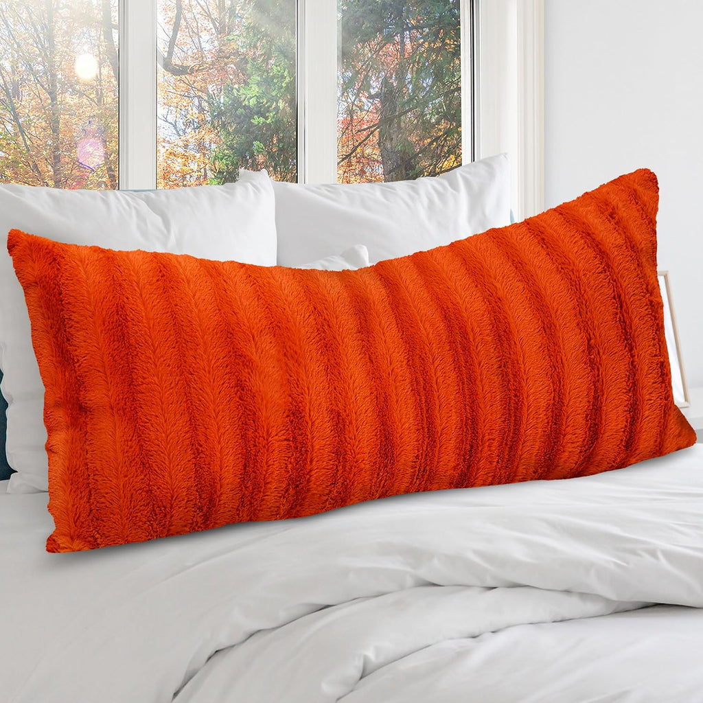 Cheer Collection Faux Fur Long Body Pillow - Accent Throw Pillow for Bed and Couch - Decorative Lumbar Pillow with Insert, Rust Orange…