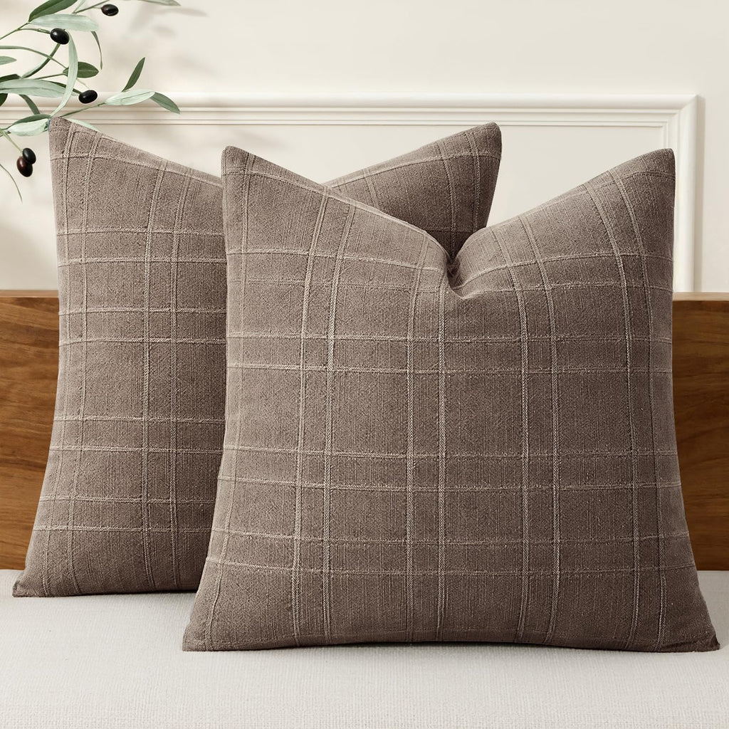 Miulee Decorative Linen Check Throw Pillow Covers Neutral Farmhouse Vintage Pillow Covers 20x20 Set of 2 Boho Modern Winter Home Decor for…