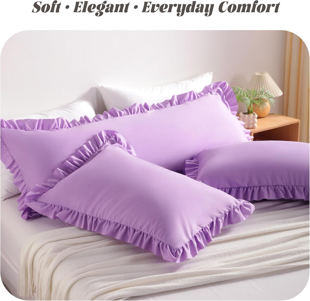 Bedsum Ruffled Pillow Shams Queen 20x30 Set of 2, Brushed Microfiber Pillowcases with Envelope Closure, Soft Wrinkle-Resistant, Light Purple