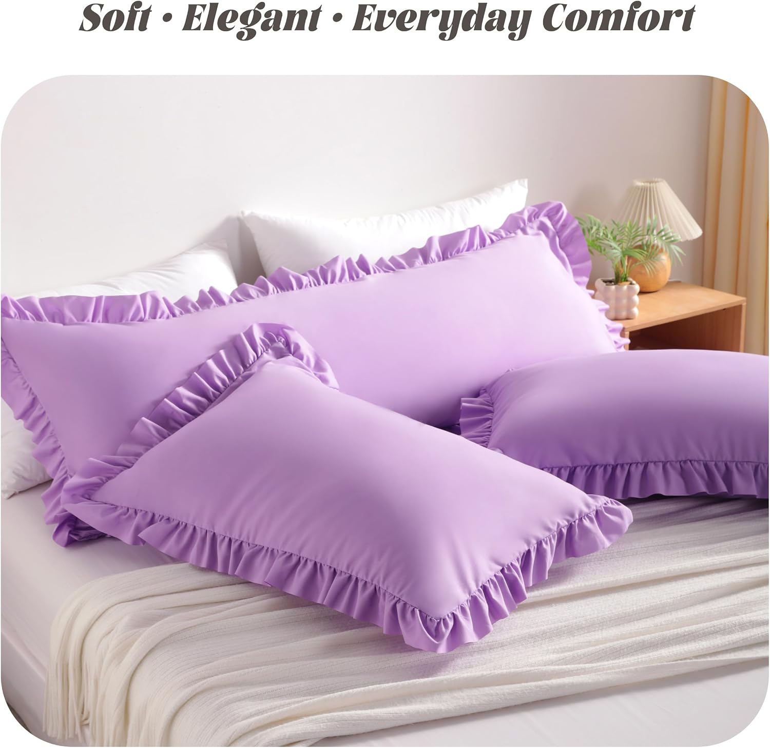 Bedsum Ruffled Pillow Shams Queen 20x30 Set of 2, Brushed Microfiber Pillowcases with Envelope Closure, Soft Wrinkle-Resistant, Light Purple