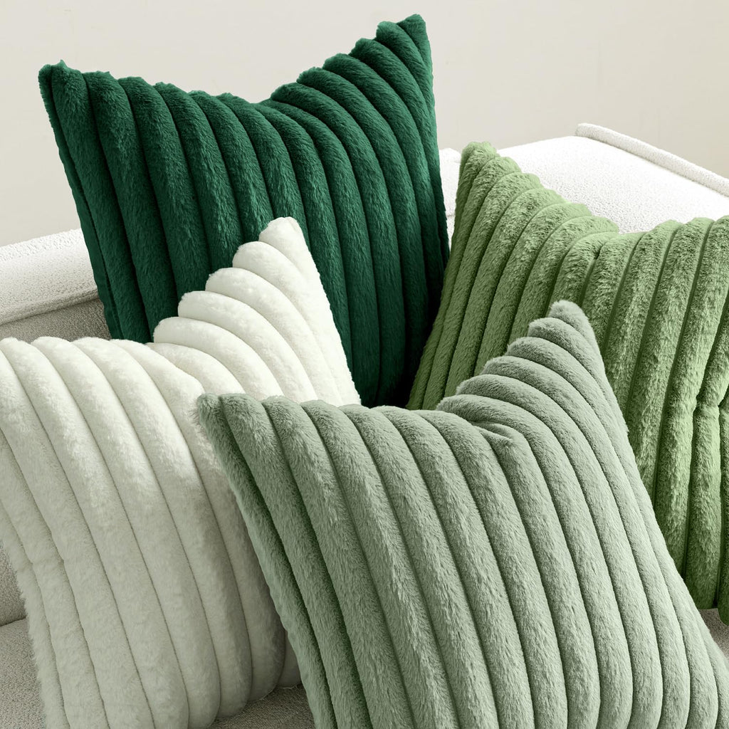 Miulee Faux Fur Plush Decorative Throw Pillow Covers 18x18 Set of 4, Spring Modern Soft Fuzzy Striped Cushion Covers for Sofa Couch Bed Liv…