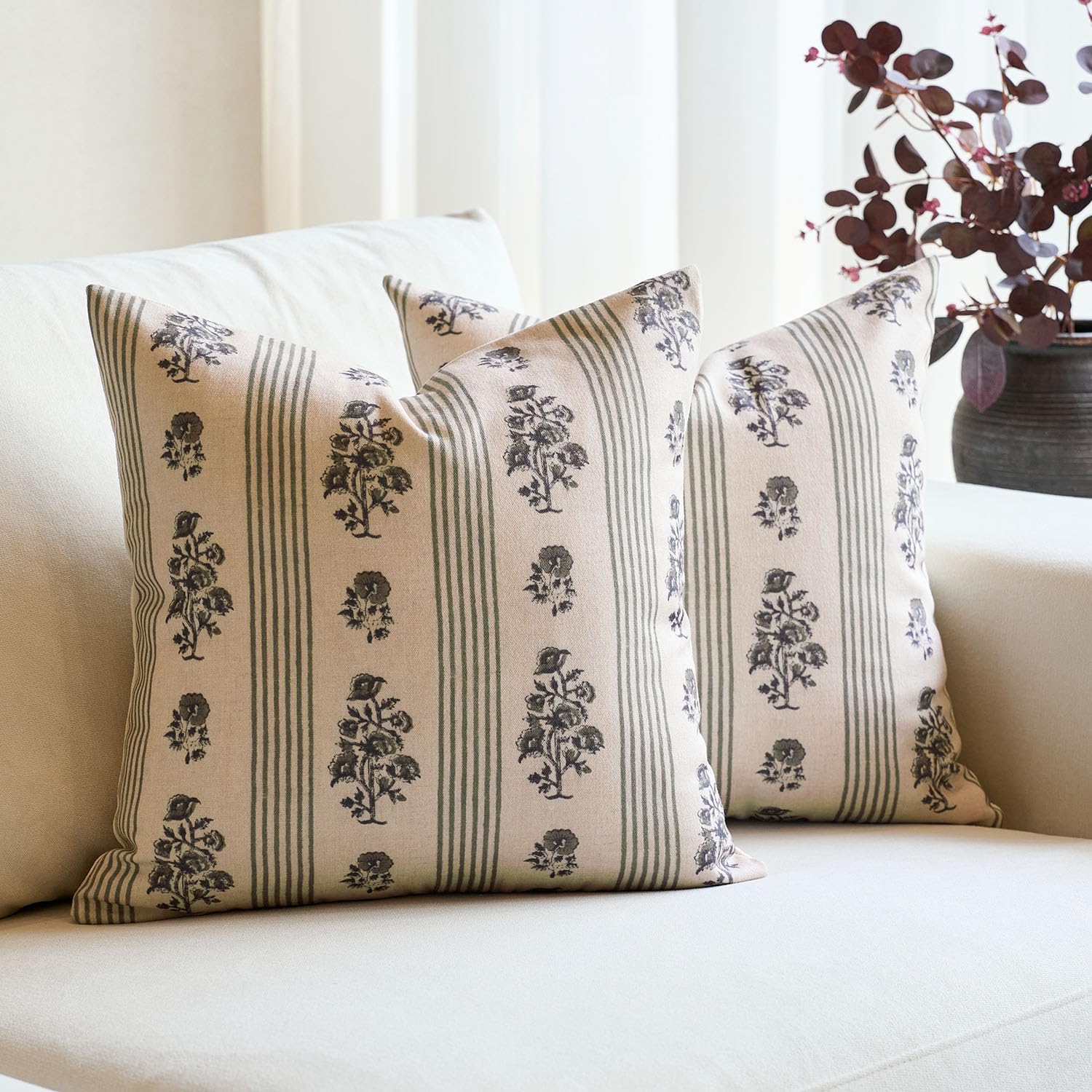 AffordableFloralPrintMaker Amor Virisso Floral Throw Pillow Covers 20x20 Set of 2 Block Print Pillow Covers Neutral Floral Striped Farmhous…