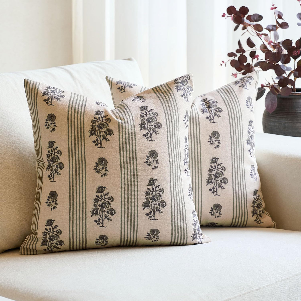 AffordableFloralPrintMaker Amor Virisso Floral Throw Pillow Covers 24x24 Set of 2 Block Print Pillow Covers Neutral Floral Striped Farmhous…