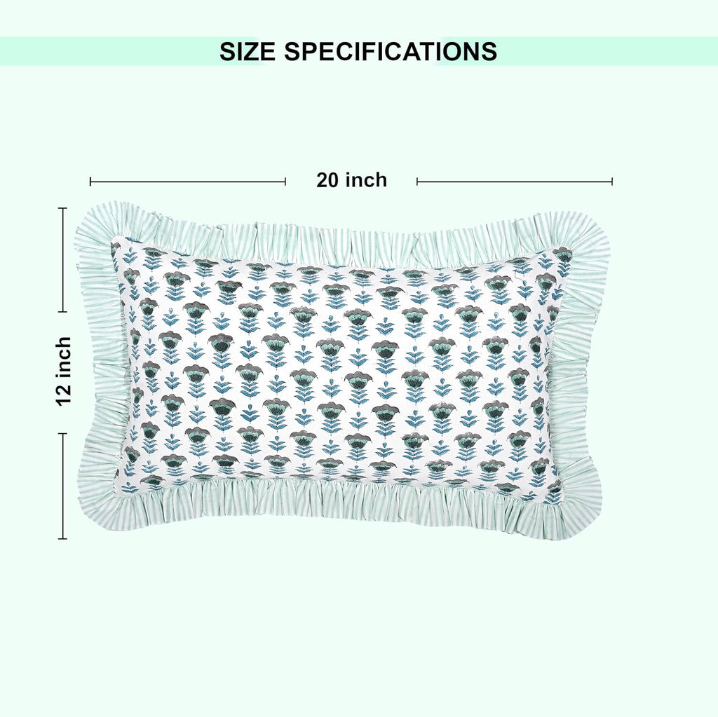Ridhi Block Print Aquamarine Blue 20"x12" Set 1-100% Cotton Ruffle Lumbar Sham Cover Boho Floral Pillowcase, Farmhouse Cottagecore…