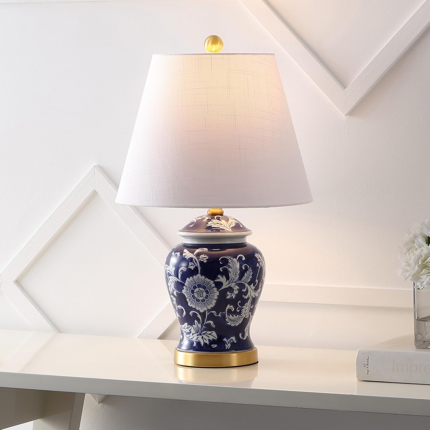 JONATHAN Y 22" Navy/White Ceramic Table Lamp, French Country Chinoiserie Ginger Jar LED Bedside Lamp for Living Room Bedroom, White Linen…