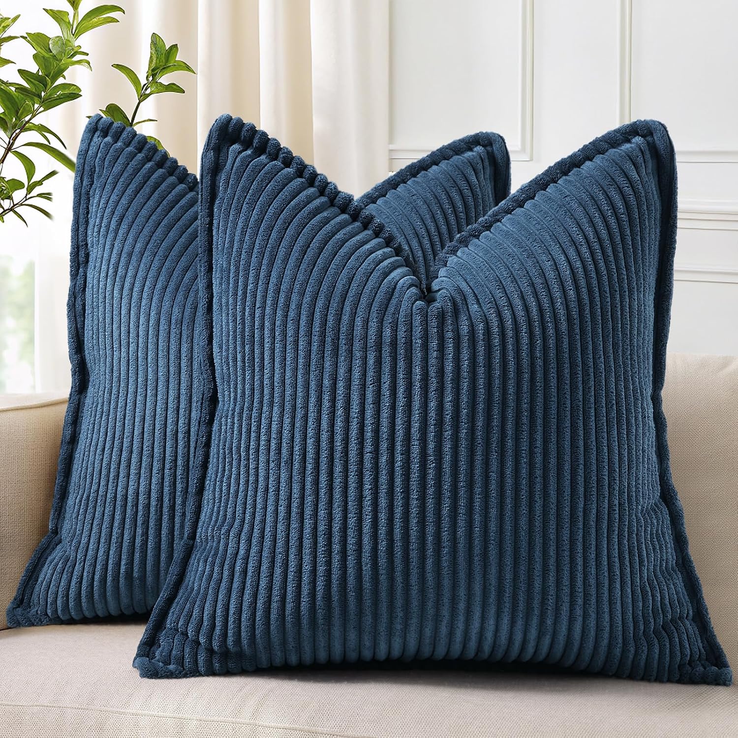 decorUhome Summer Corduroy Navy Blue Throw Pillow Covers 18x18 Set of 2 Decorative Soft Boho Farmhouse Couch Pillow Covers for Living Room…