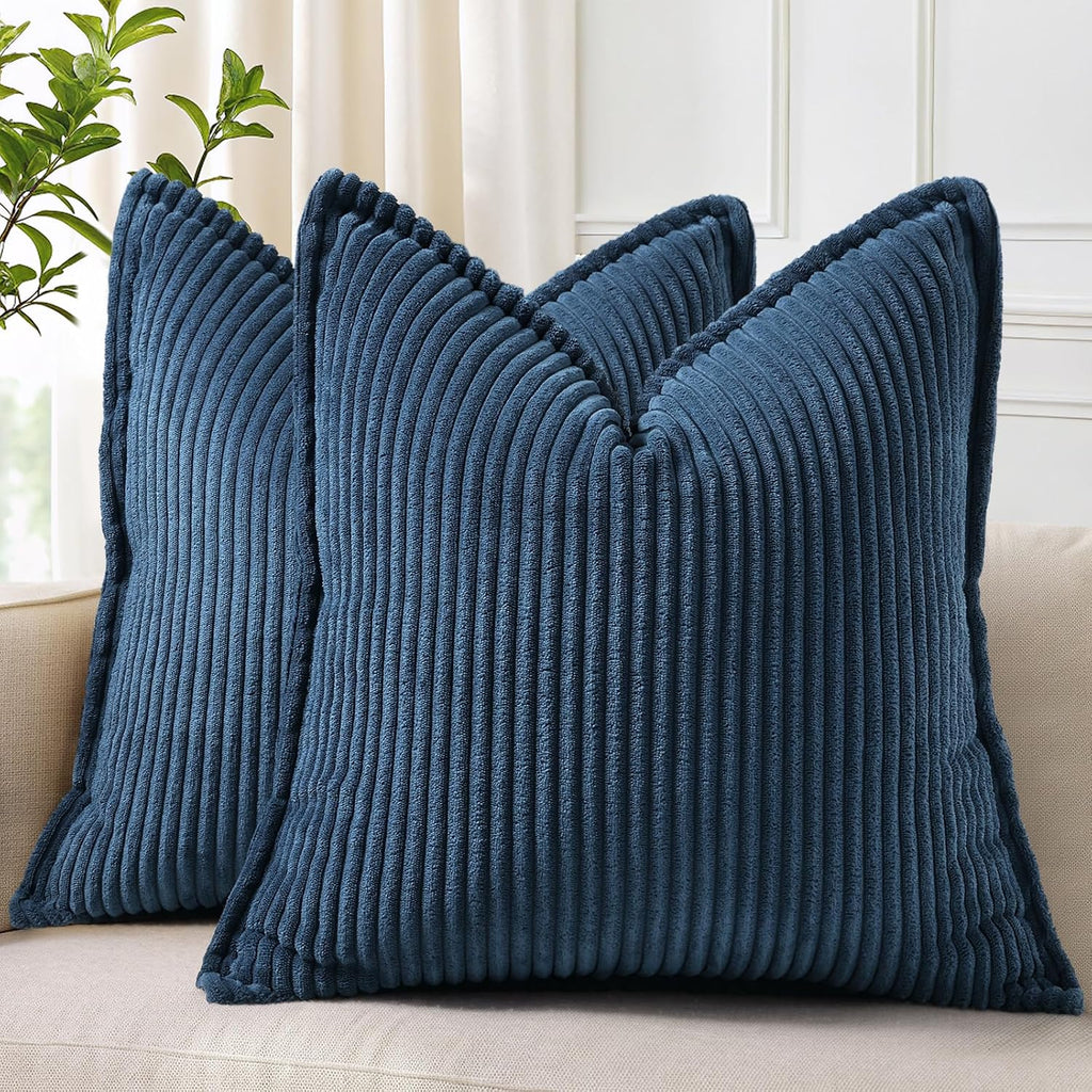 decorUhome Summer Corduroy Navy Blue Euro Sham Throw Pillow Covers 22x22 Set of 2 Decorative Soft Boho Farmhouse Couch Pillow Covers for Li…