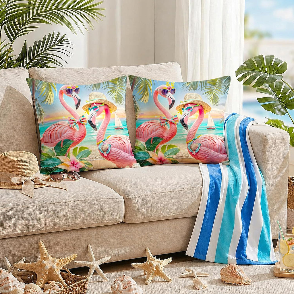 BlissYard Flamingo Beach Throw Pillow Covers 18x18 Set of 2 Tropical Decorative Pillow Covers Coastal Summer Cushion Covers Pink Flamingo…