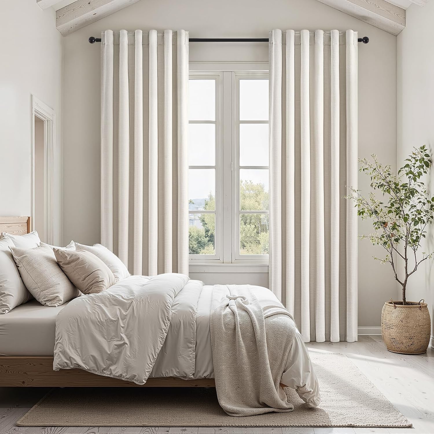 Topfinel 92 Inches Long Blackout Curtains for Living Room 2 Panels Set Cream Birch Linen Texture Room Darkening Energy Saving Curtain Windo…