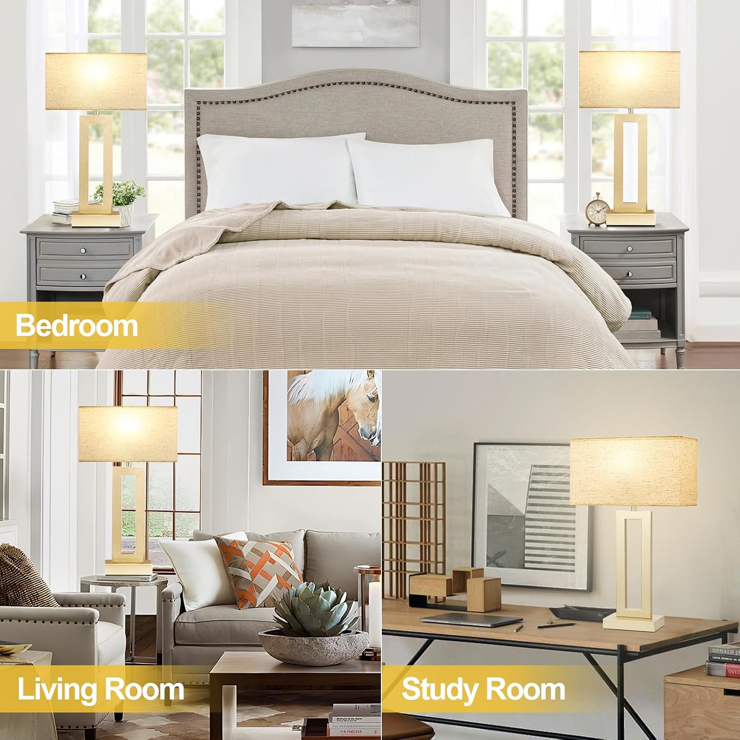 Seealle 22" Tall Bedroom Lamps for Living Room - Touch Gold Bedside Lamps with USB C+A, 3 Way Dimmable Lamp for Nightstand, Modern Night…
