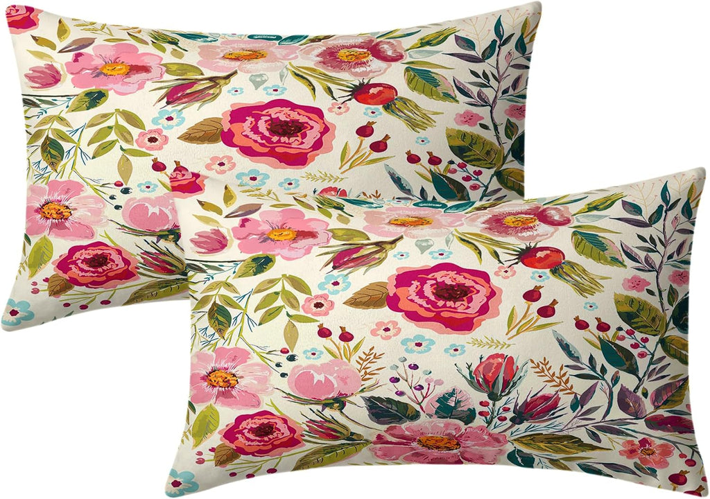 Spring Summer Flower Throw Pillow Covers 20x12 Inch Watercolor Peony Pillowcase Hot Pink Flora with Green Leaves Girly Decorative Cotton…
