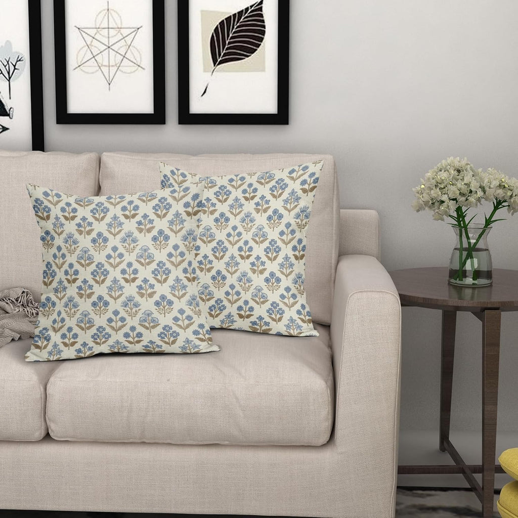 Brown Blue Floral Block Print Pillow Covers 16x16 Inch Set of 2, Vintage Flower Pattern Decorative Throw Pillowcases Outdoor Farmhouse…
