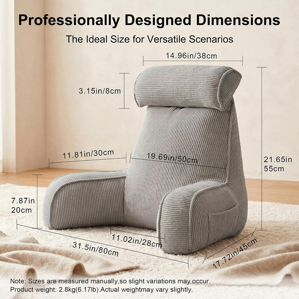 Ailuteie Corduroy Reading Pillow for Sitting Up in Bed, Backrest Pillow with Arms, Full Back Support Cushion with Side Pockets & Washable C…