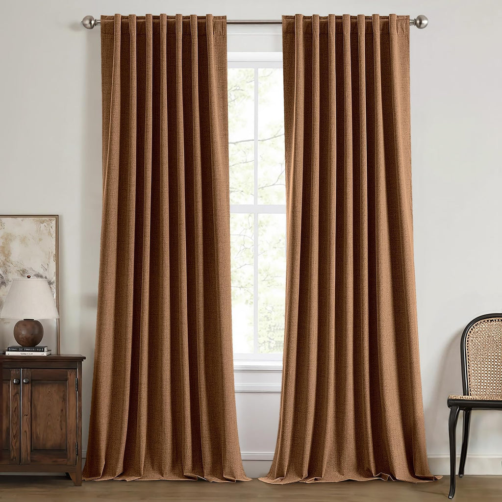 Miulee 100% Blackout Linen Curtains for Bedroom, Brown Solid Luxury Decor Thermal Insulation Room Darkening Drapes for Living Room Nursery…