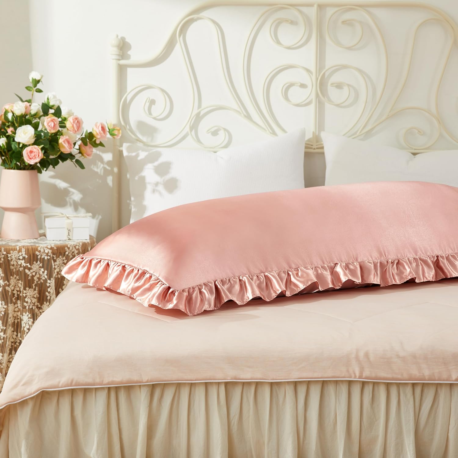 HommxJF Rose Gold Satin Pillowcases Body Pillow for Hair and Skin, Rose Gold Body Pillow Silk Pillowcase with Envelope Closure Princess Room…