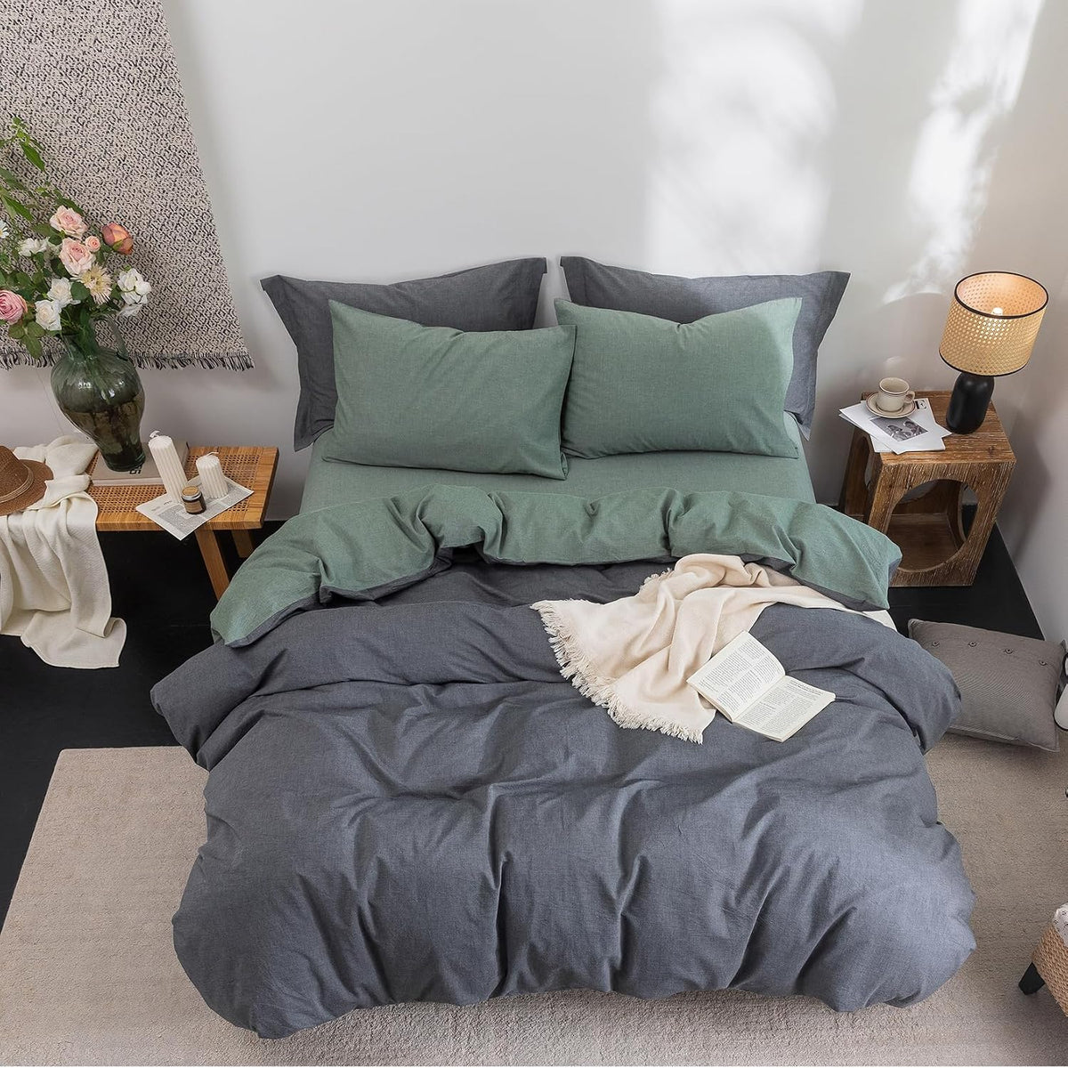 Bdear 3 Pieces Reversible Duvet Cover Set Queen Size 90''W x 90''L, 100% Washed Cotton Duvet Cover with Zipper Closure Plus 2 Pillowcases,…