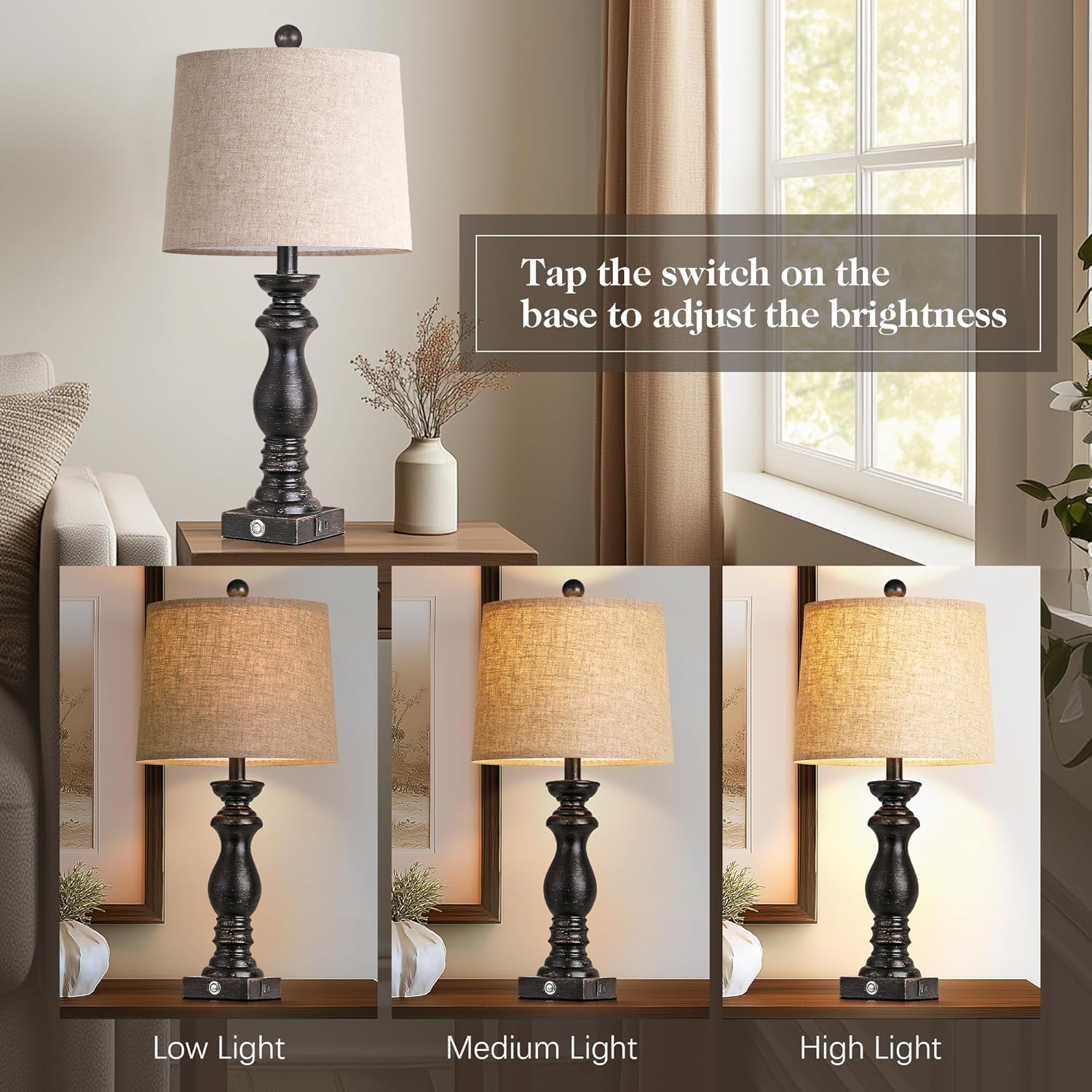 24.5" Table Lamp Set of 2, Rustic Farmhouse Bedside Lamps with USB A+C Charging Ports, 3-Way Dimmable Touch Control Nightstand Lamps for…