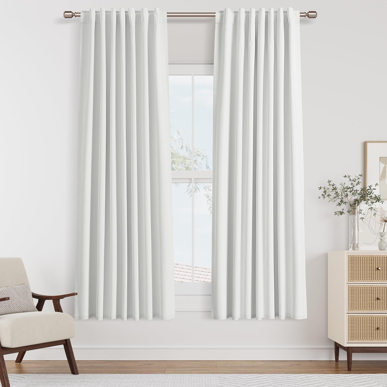 Guken White 100% Blackout Linen Curtains 52 Inch Wide by 68 Inch for Living Room Bedroom Back Tab Thermal Insulated Black Out Linen 2 Drape…