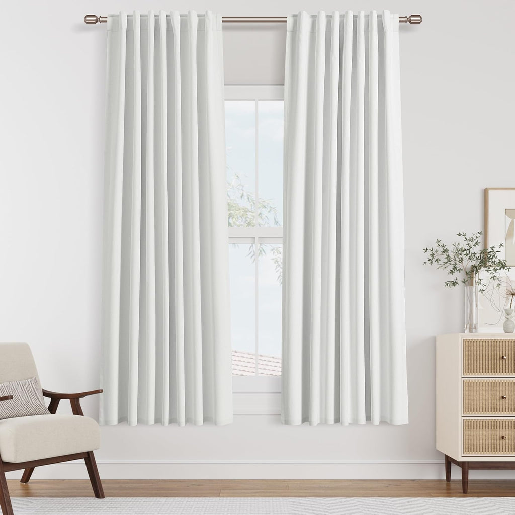 Guken Off White 100% Blackout Linen Curtains 63 Inch Length 2 Panels Set for Living Room Bedroom Back Tab Thermal Insulated Black Out Drape…