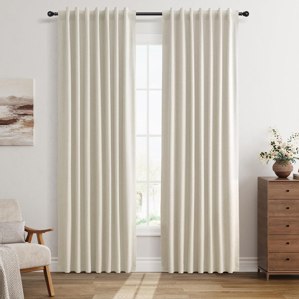 Guken Warm Beige Linen 100% Blackout Curtains 84 Inch Length 2 Panels for Living Room Bedroom Country Farmhouse Linen Black Out Thermal Ins…