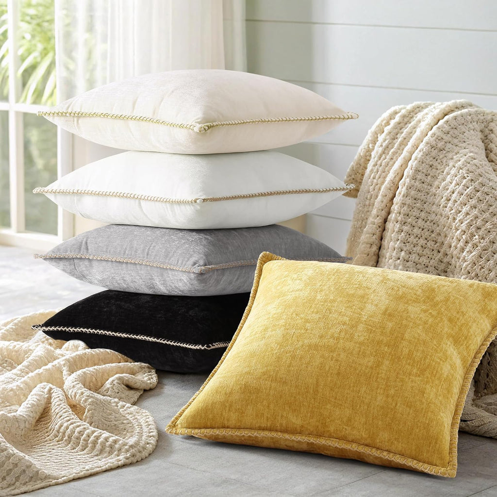 decorUhome Summer Chenille Soft Cozy Throw Pillow Covers 22x22 Set of 2, Modern Farmhouse Boho Velvet Decorative Euro Sham Pillow Cases wit…