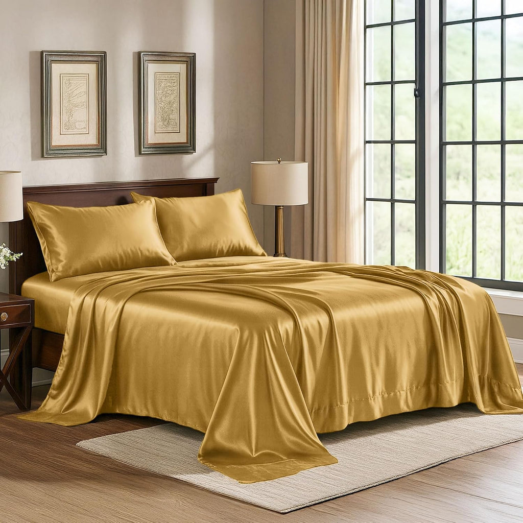 PureBedding Satin Sheets California King [4-Piece, Gold] Luxury Silky Bed Sheets - Extra Soft 1800 Microfiber Sheet Set, Wrinkle, Fade, Sta…