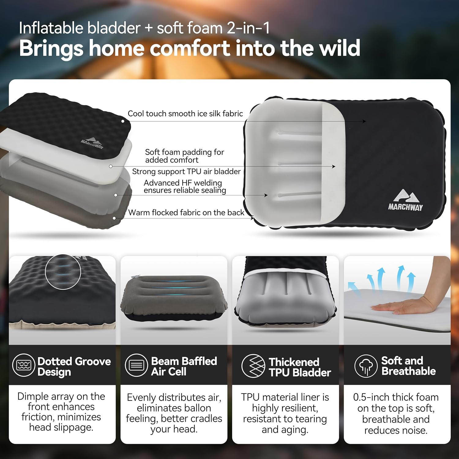 MARCHWAY Inflatable Camping Pillow with Soft Foam Top & TPU Air Bladder, Dual-Sided Support for All-Season, Lightweight Compact Travel…