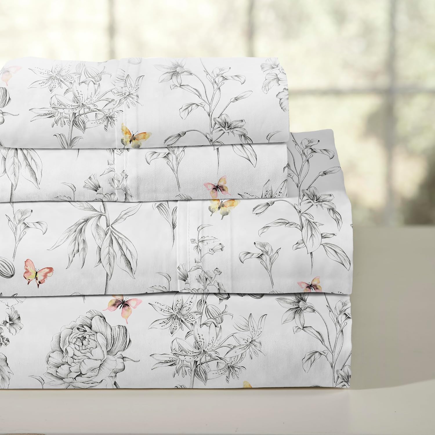 Pointehaven Pollen Printed Cotton Percale 3 pc Sheet Set, Twin