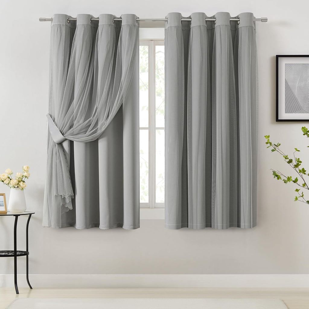 Bujasso Grey 90% Blackout Curtains with Sheer Overlay Mix and Match Double Layer Window Curtains Thermal Insulated 63 inch for Living Room…