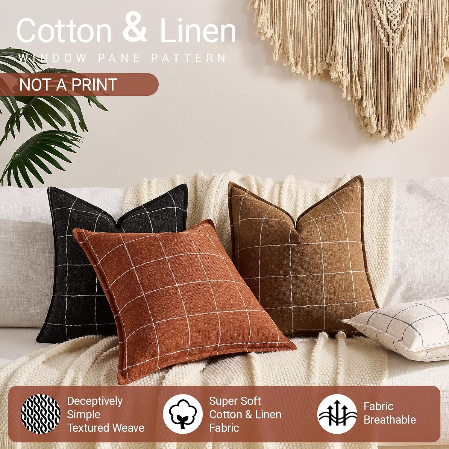 Rustic Farmhouse Decor Terracotta Plaid Throw Pillow Cushion Covers 18x18 Set of 2, Boho Decor Rust Decorative Throw Pillows 18 x 18…