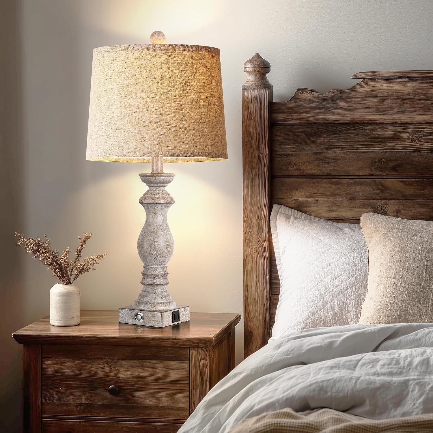 24.5" Table Lamp Set of 2, Rustic Farmhouse Bedside Lamps with USB A+C Charging Ports, 3-Way Dimmable Touch Control Nightstand Lamps for…
