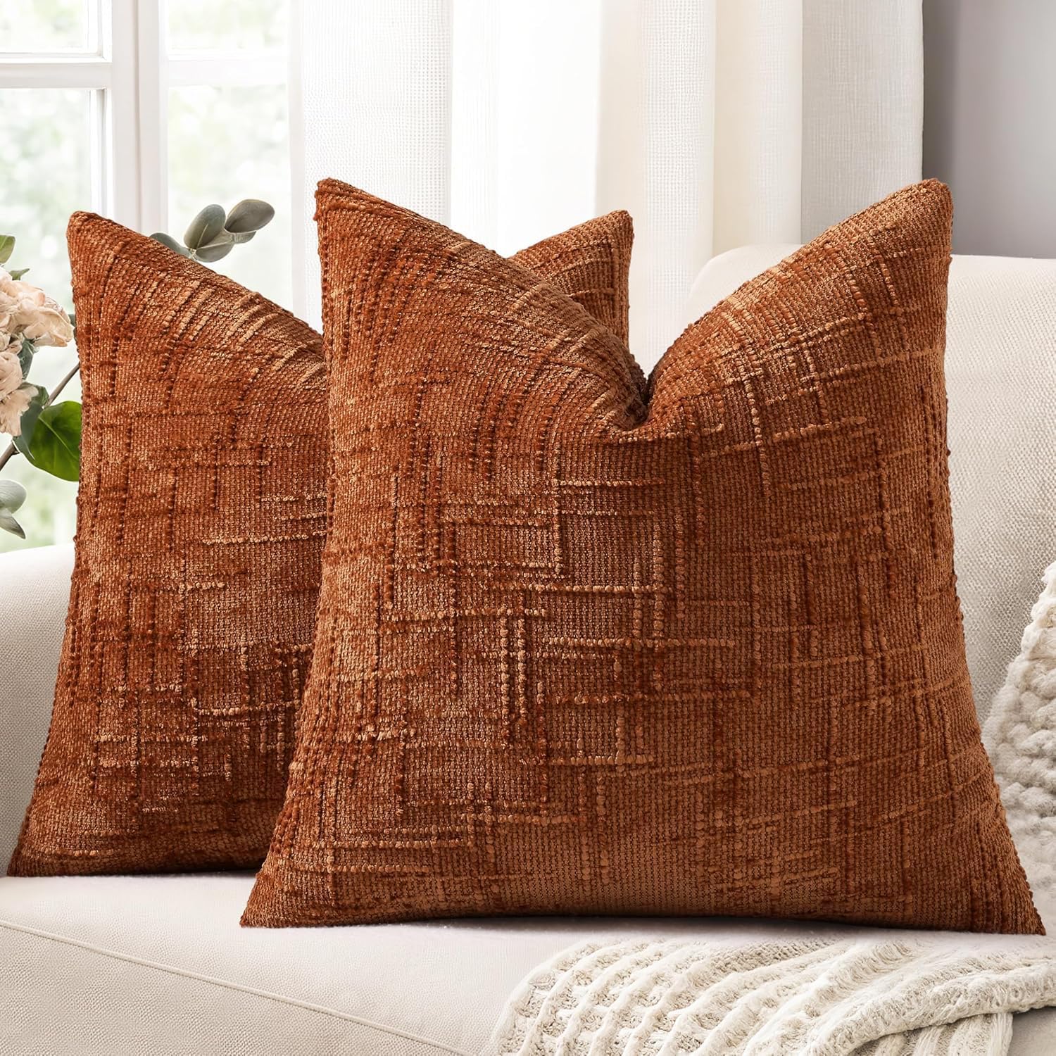 decorUhome Rust Chenille Euro Sham Throw Pillow Covers 22x22 Set of 2 Textured Soft Cozy Slubby Couch Pillow Covers Modern Farmhouse Boho D…