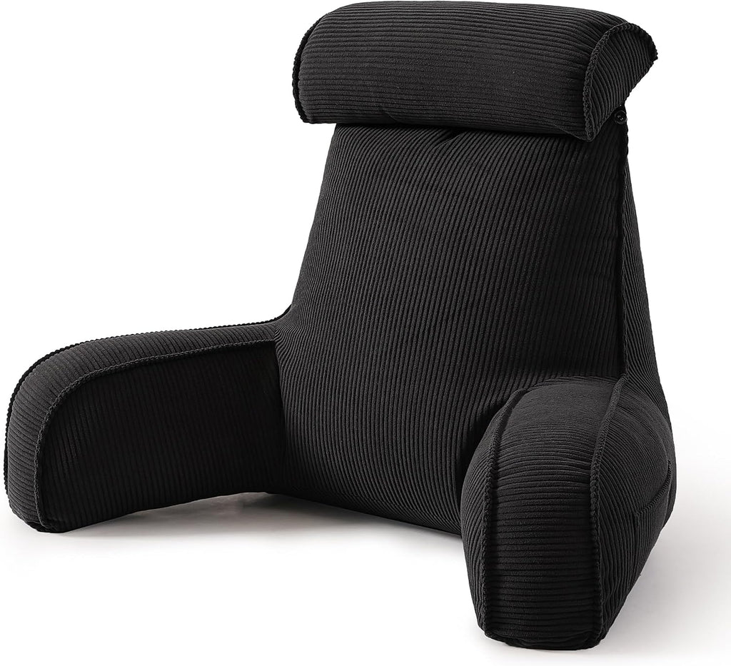 Ailuteie Corduroy Reading Pillow for Sitting Up in Bed, Bed Rest Backrest Pillow with Arms, Low Back Support Cushion with Side Pockets & Wa…