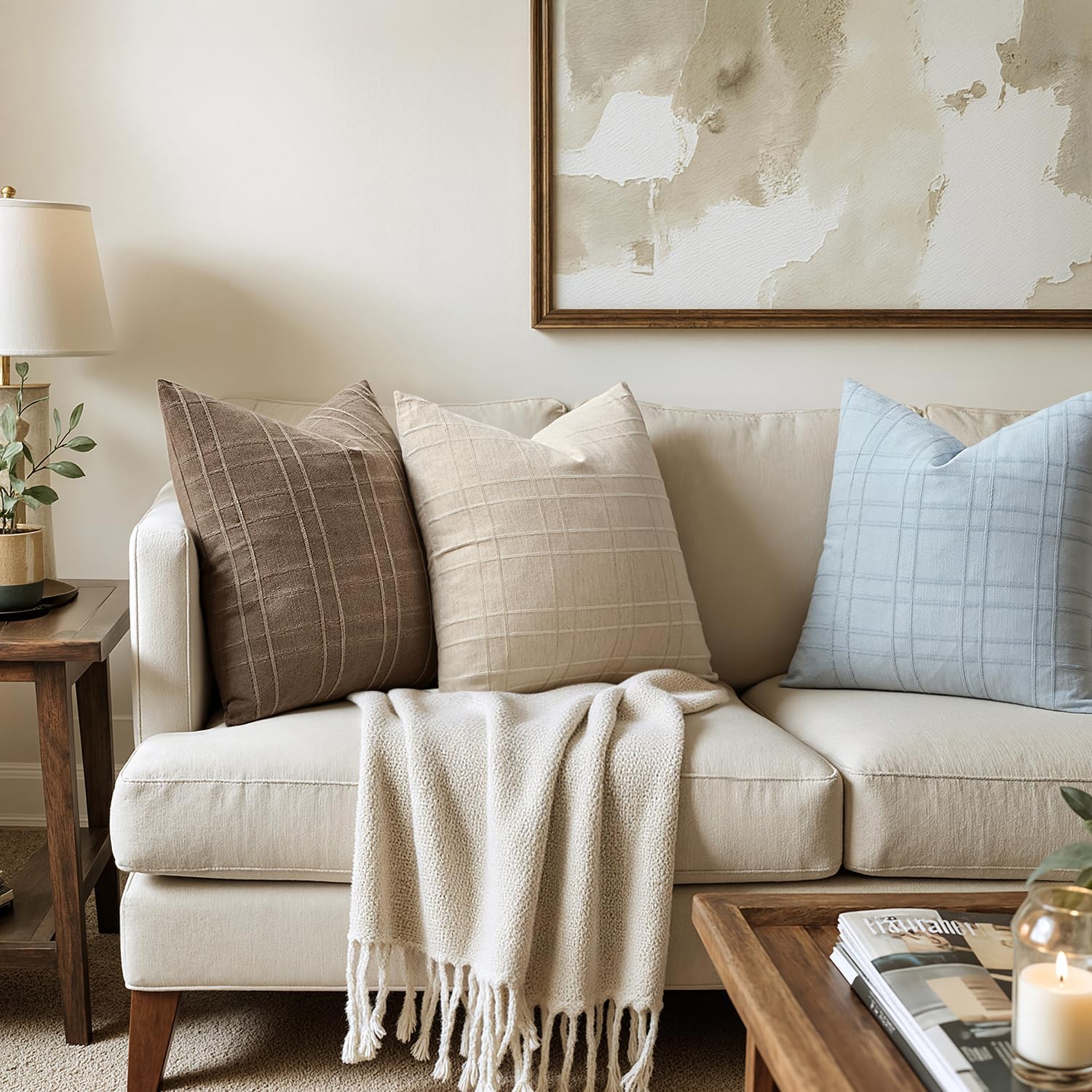 Miulee Decorative Linen Check Euro Shams Throw Pillow Covers Neutral Farmhouse Vintage Pillow Covers 24x24 Set of 2 Boho Modern Home Decor…