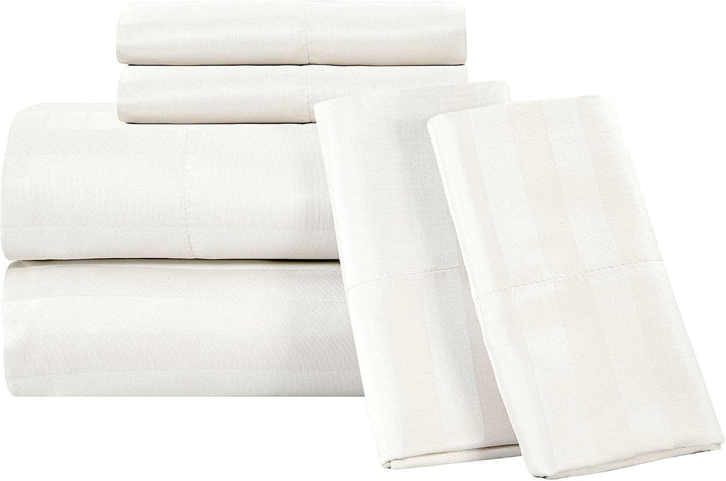 Royalelinens ROYALE LINENS 1500 Thread Count Poly Cotton Sateen Dobby Stripe Sheet Set - 6 Piece Queen Bed Sheets - 1 Fitted, 1 Flat, 4 Pil…