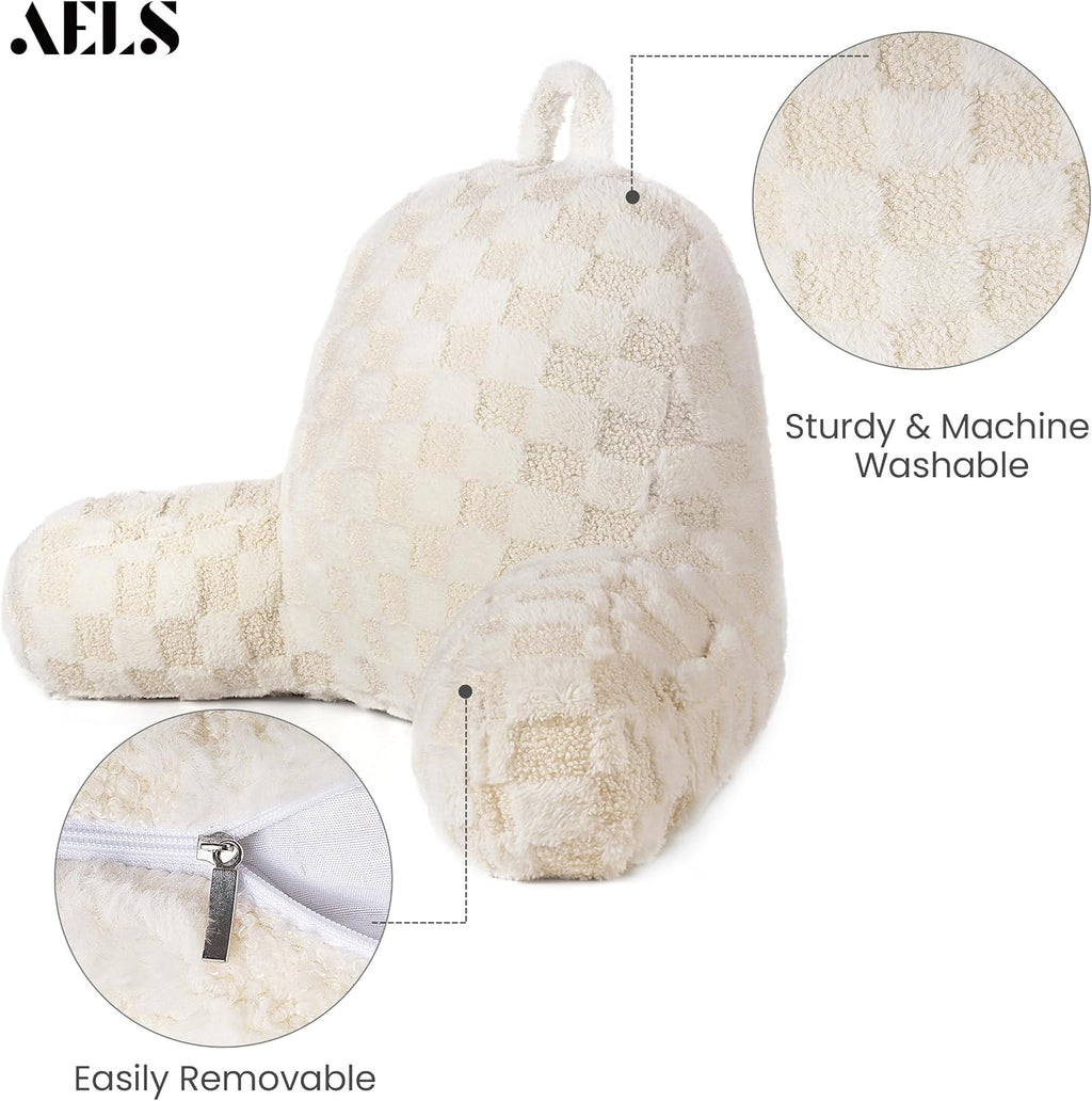 Aels Large Reading Pillow Replacement Cover with Arms and Pockets (Cover ONLY), 18" Soft Faux Fur Checkered Backrest Pillow Cover Fits Stan…