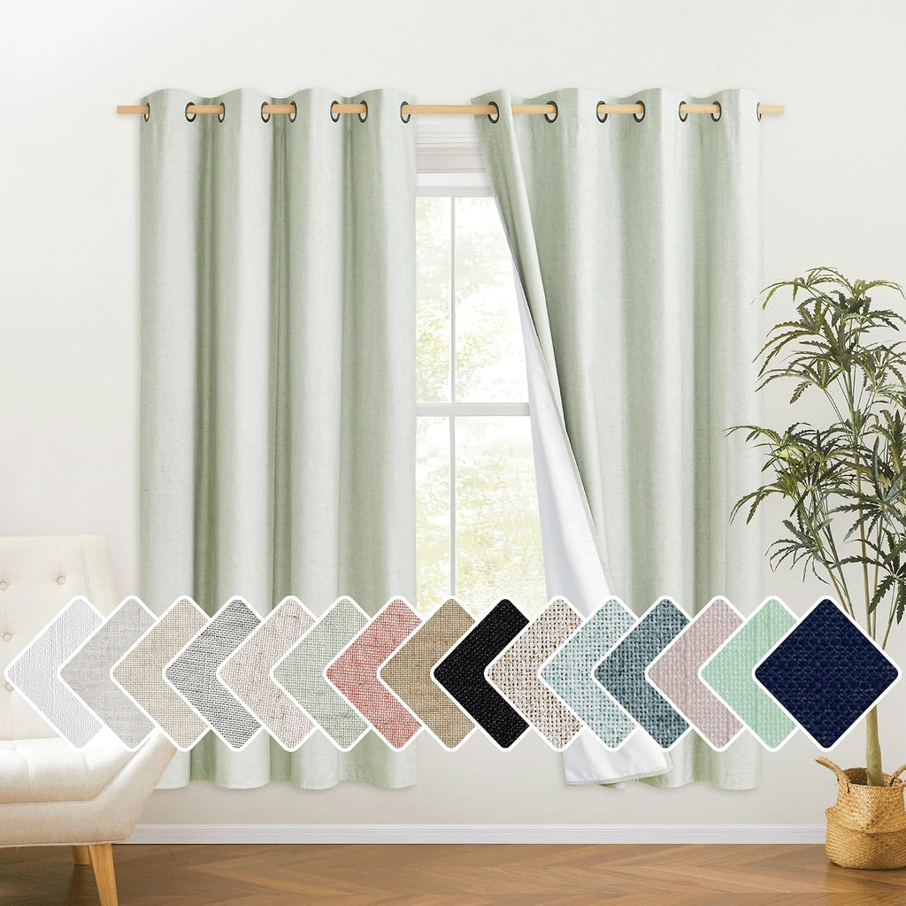 NICETOWN Sage Green High-End Thermal Flax Linen Curtains, 52" Wide Per Panel, Set of 2, Full Blackout Privacy Drapes 72 Inches Long for…